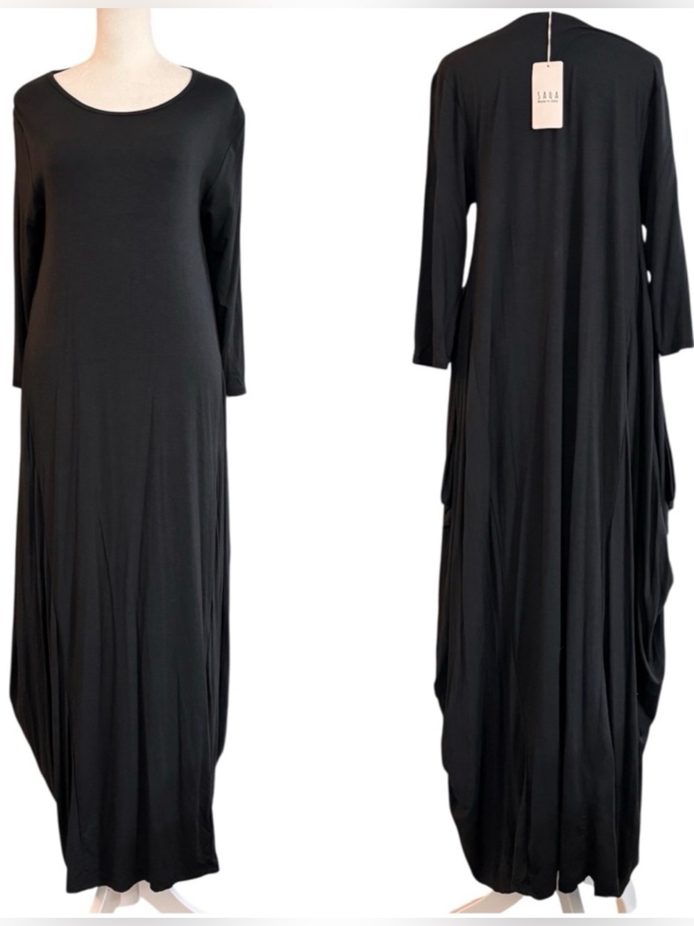 SAGA made in Italy, black boho maxi dress, one size fits most, NWT